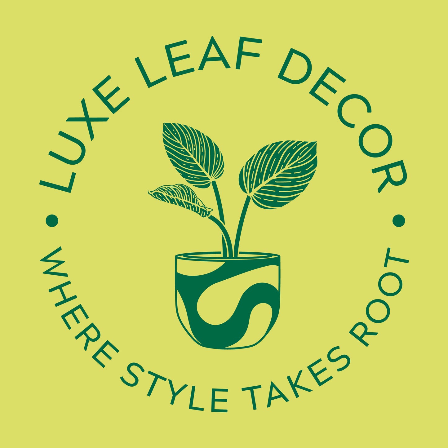 Green background with the Luxe Leaf Decor planter icon with curved text: 'Luxe Leaf Decor - Where Style Takes Root.'