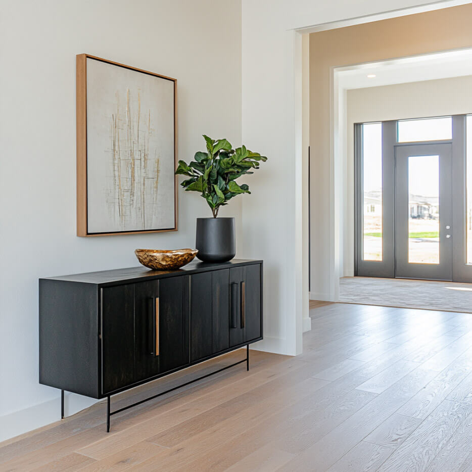 A Luxe Leaf Decor black indoor planter showcasing a lush green plant sits on a sleek Mid-Century modern black credenza in a minimalist, modern foyer.